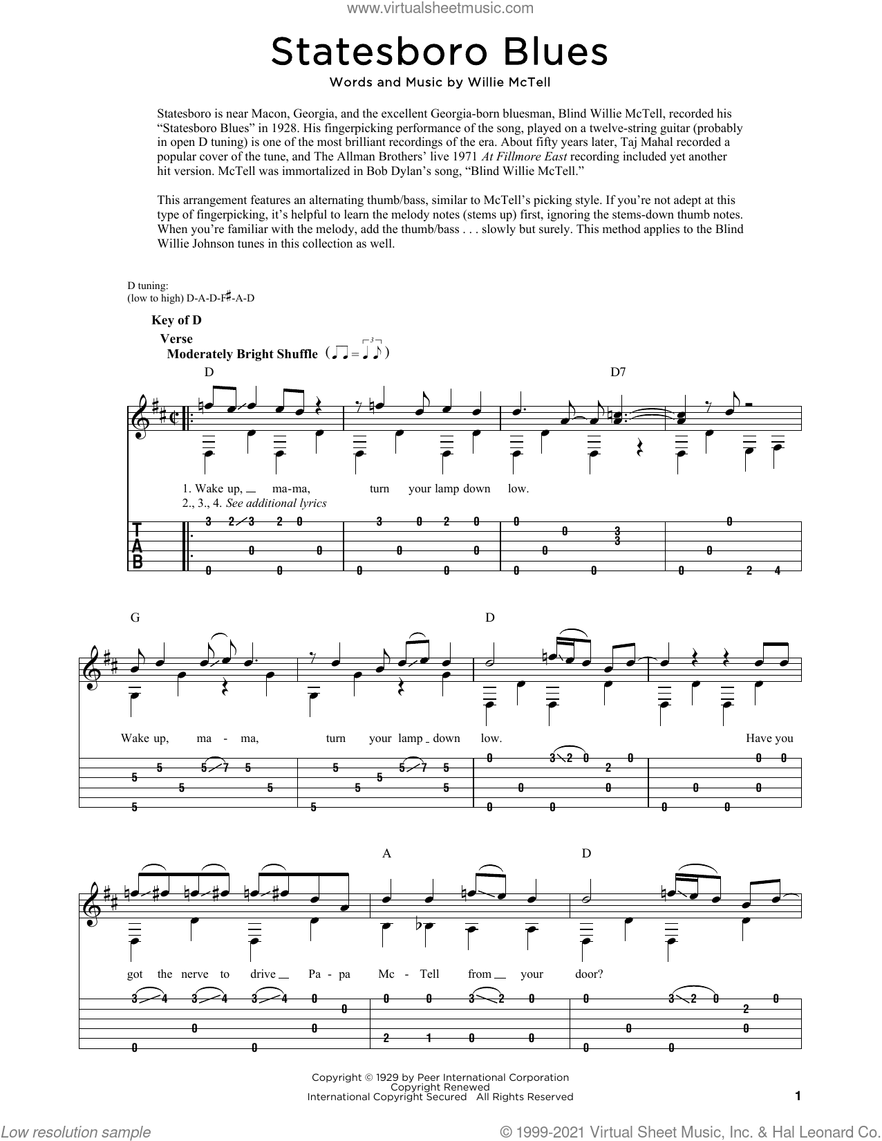 Statesboro Blues sheet music for dobro solo (PDF)