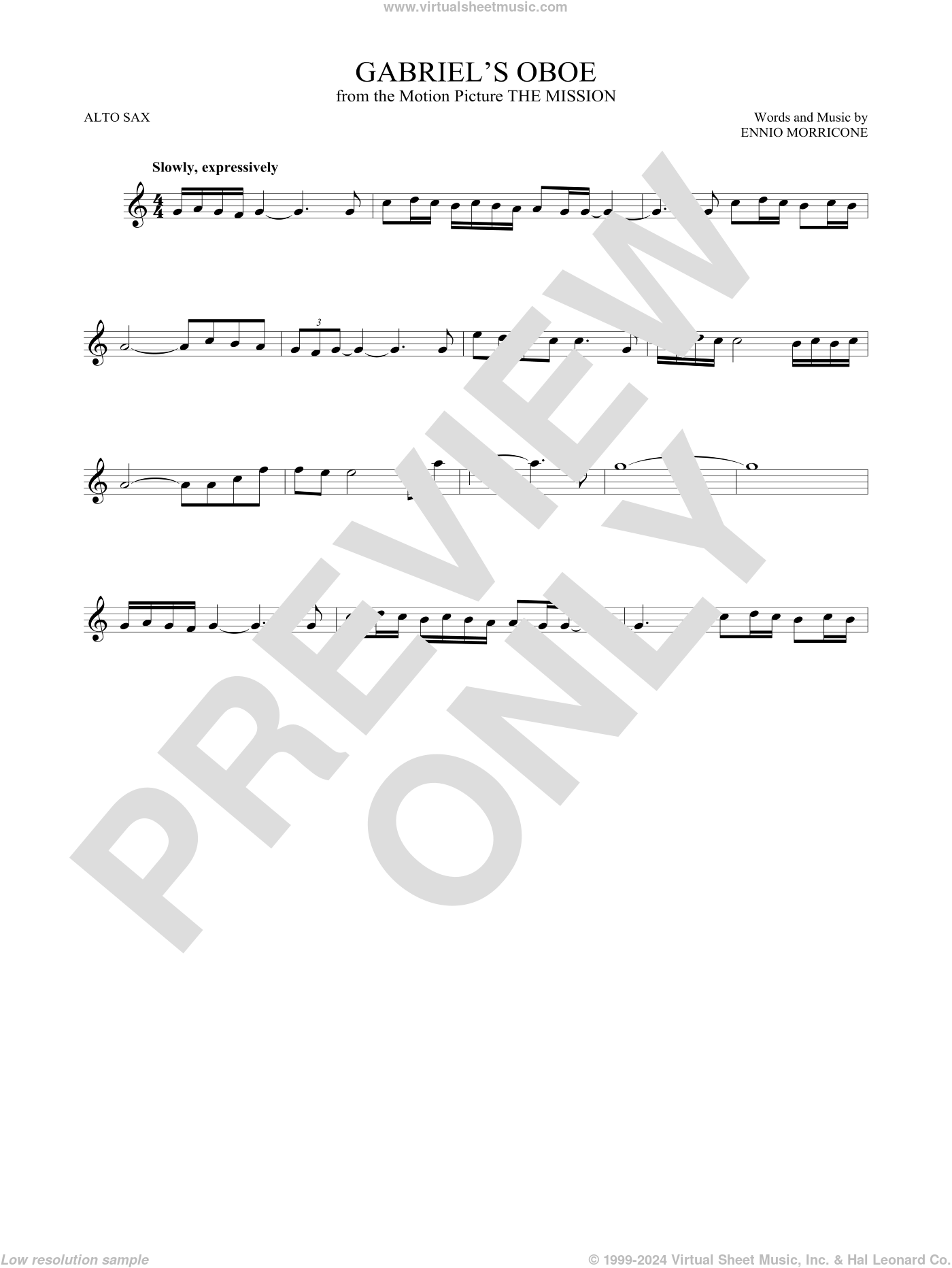 Gabriel's Oboe (from The Mission) sheet music for alto saxophone solo