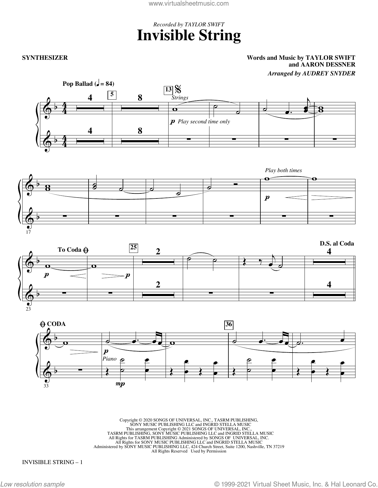 Invisible String by Taylor Swift - Violin Solo - Digital Sheet