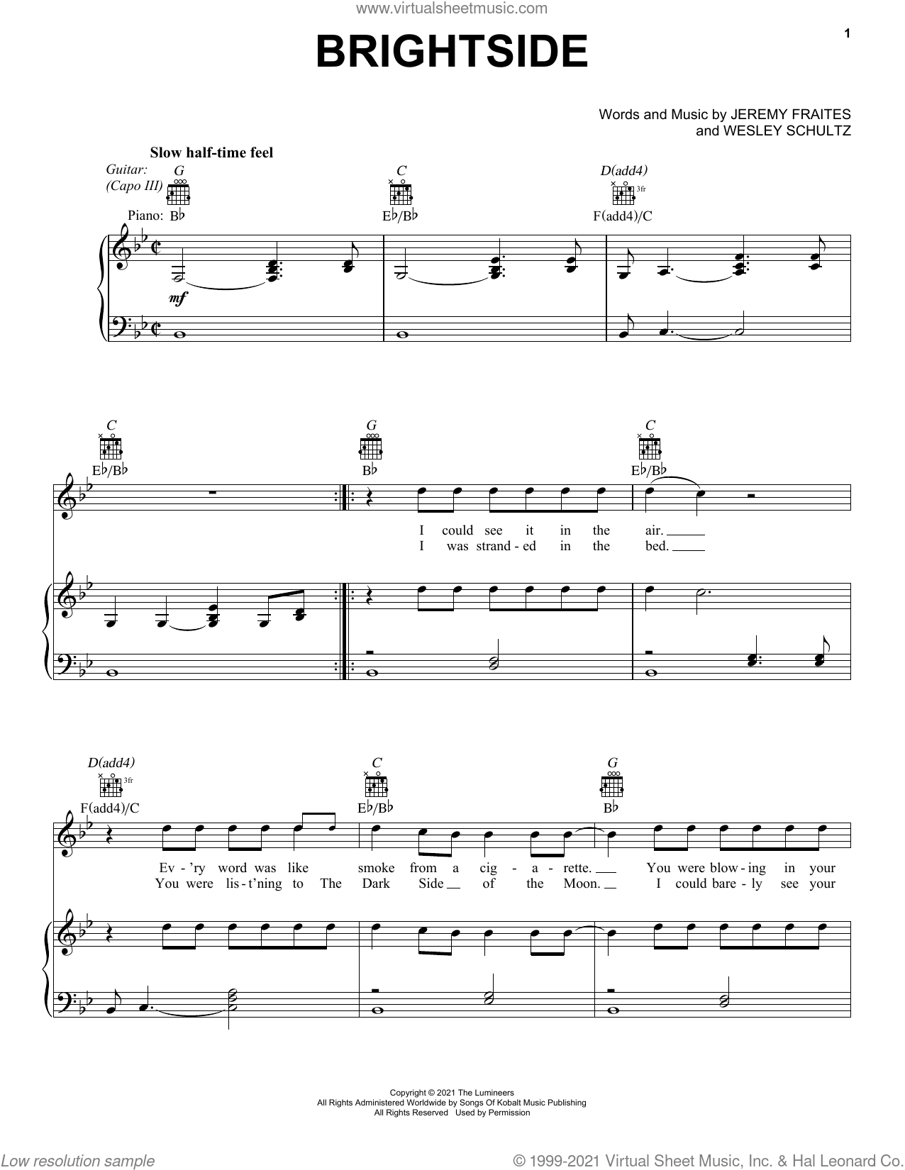 Brightside sheet music for voice, piano or guitar (PDF)
