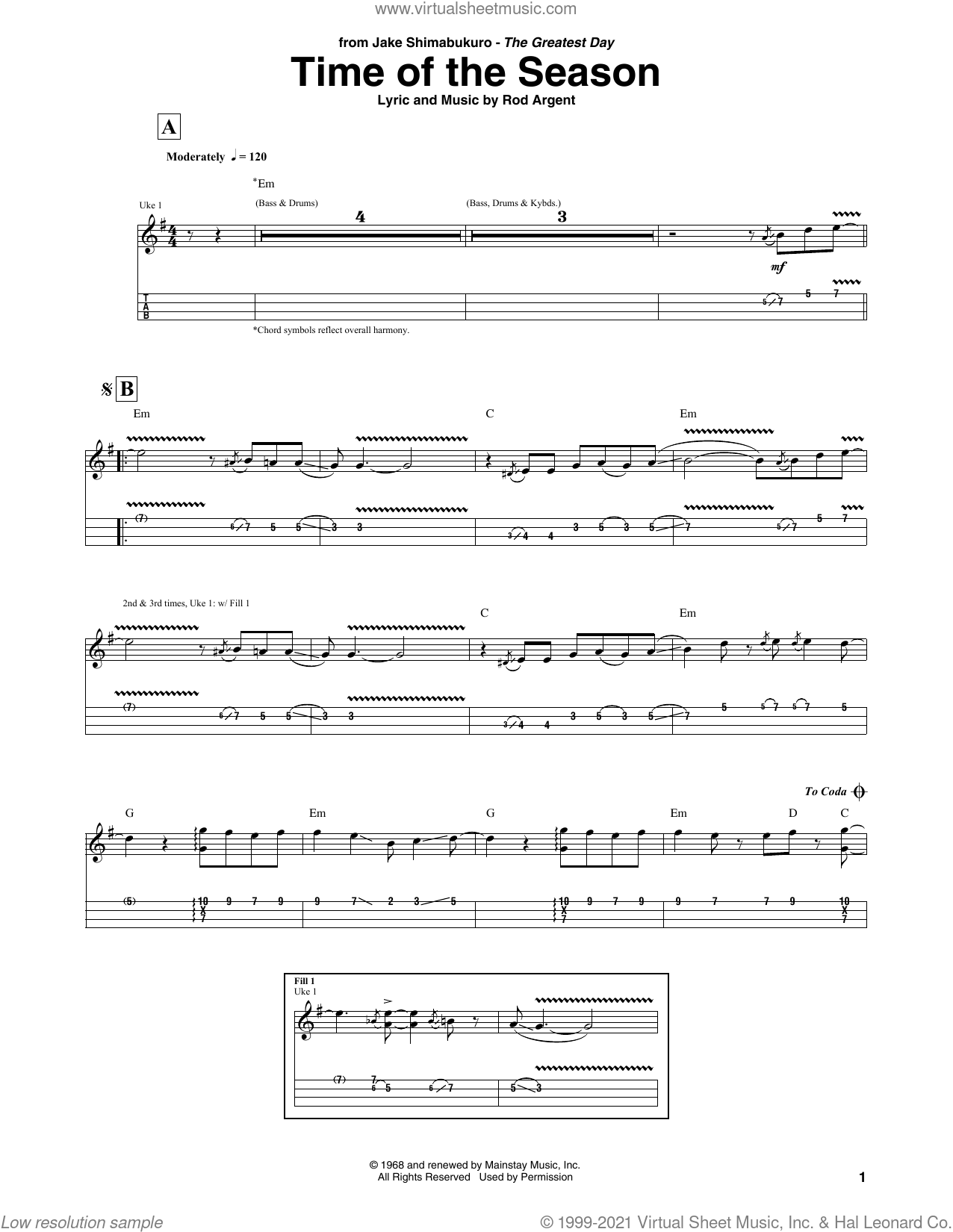 Time Of The Season sheet music for ukulele (tablature) (PDF)