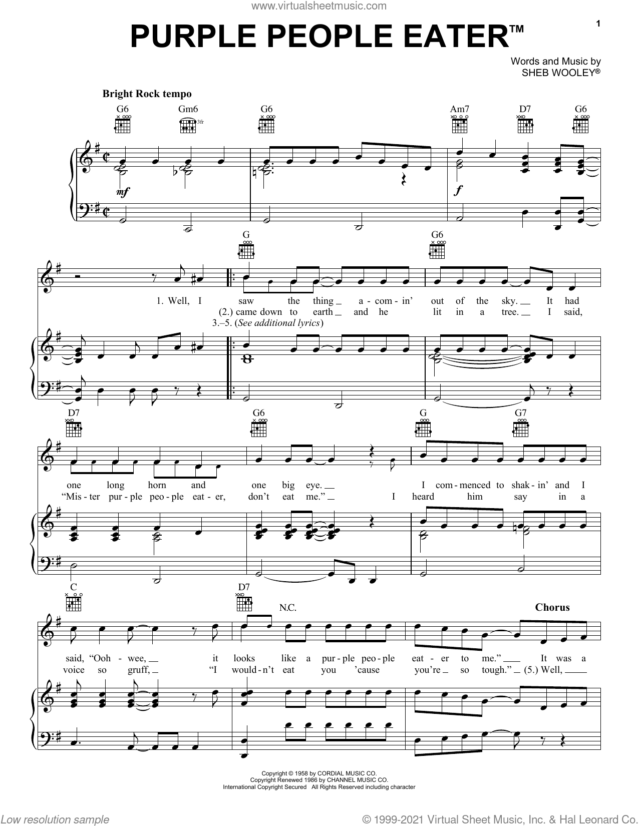 Purple People Eater sheet music for voice, piano or guitar (PDF)