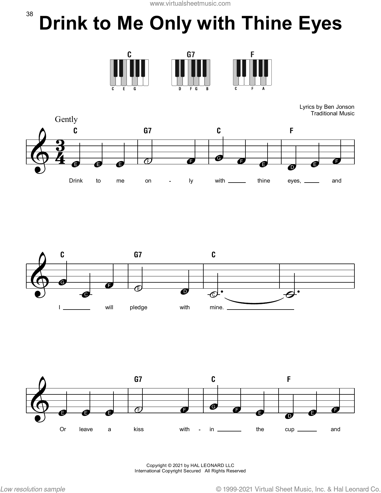 Drink To Me Only With Thine Eyes sheet music for piano solo by Ben Jonson and Traditional Music, classical score, beginner skill level