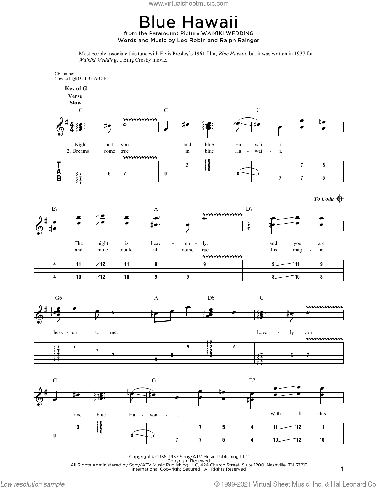 Blue Hawaii sheet music for dobro solo (PDF)