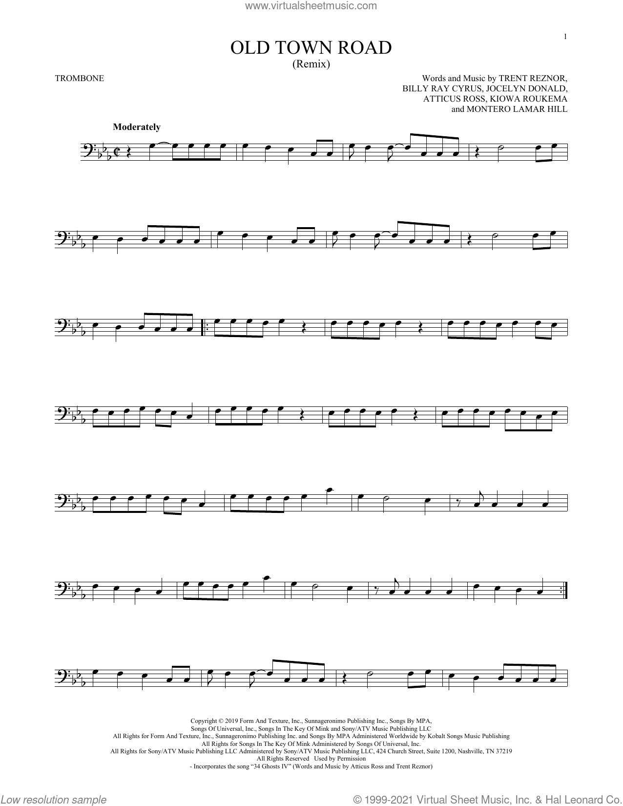 Old Town Road (Remix) sheet music for trombone solo (PDF)