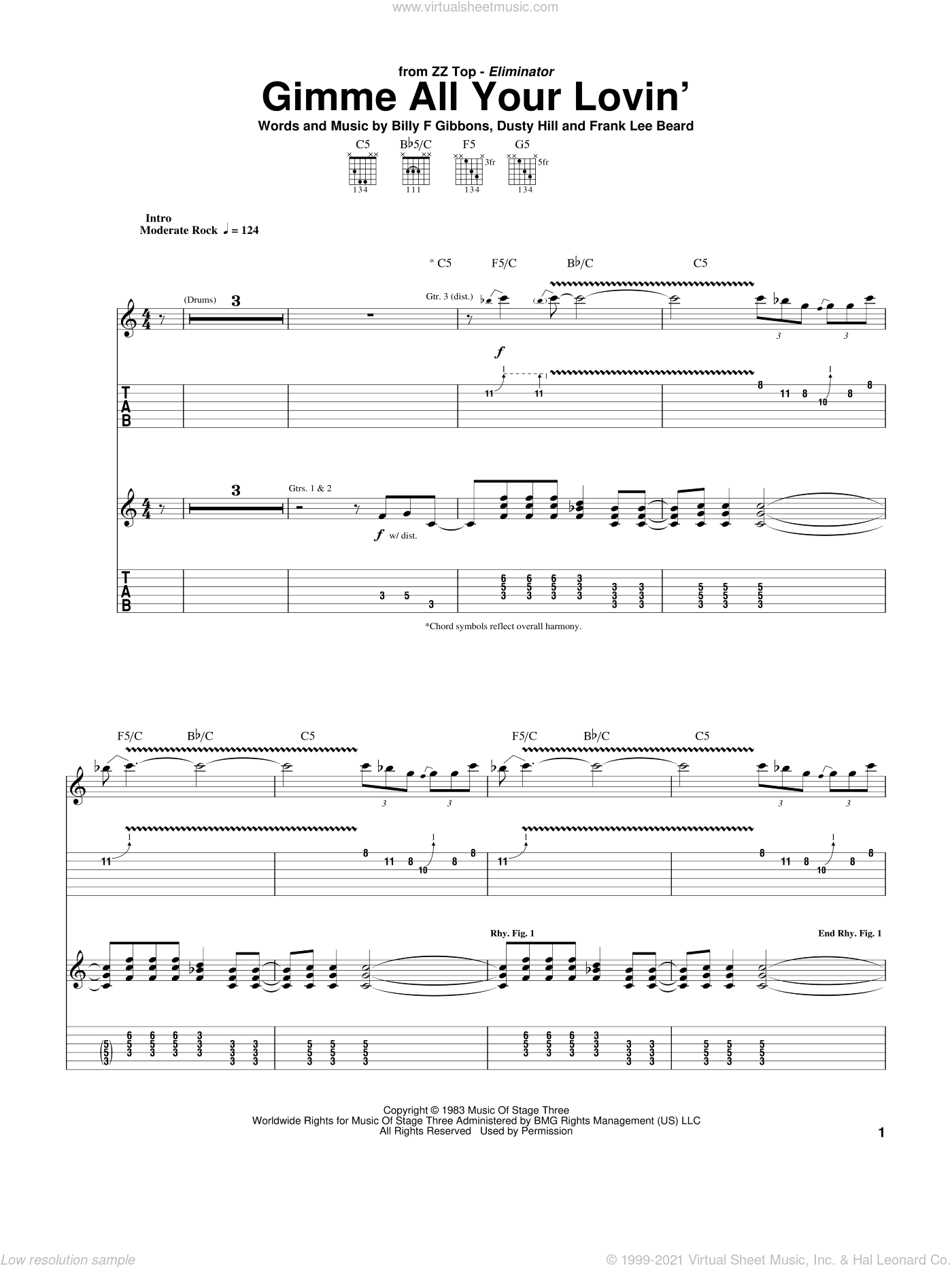 Gimme All Your Lovin' sheet music for guitar (tablature) v3