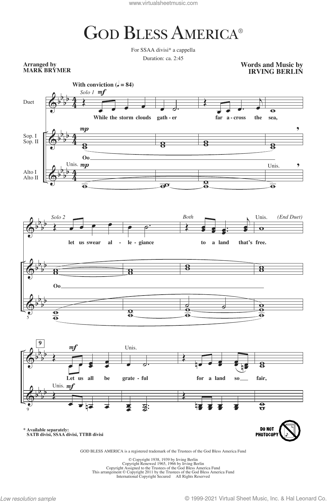 God Bless America (arr. Mark Brymer) sheet music for choir (SSA ...