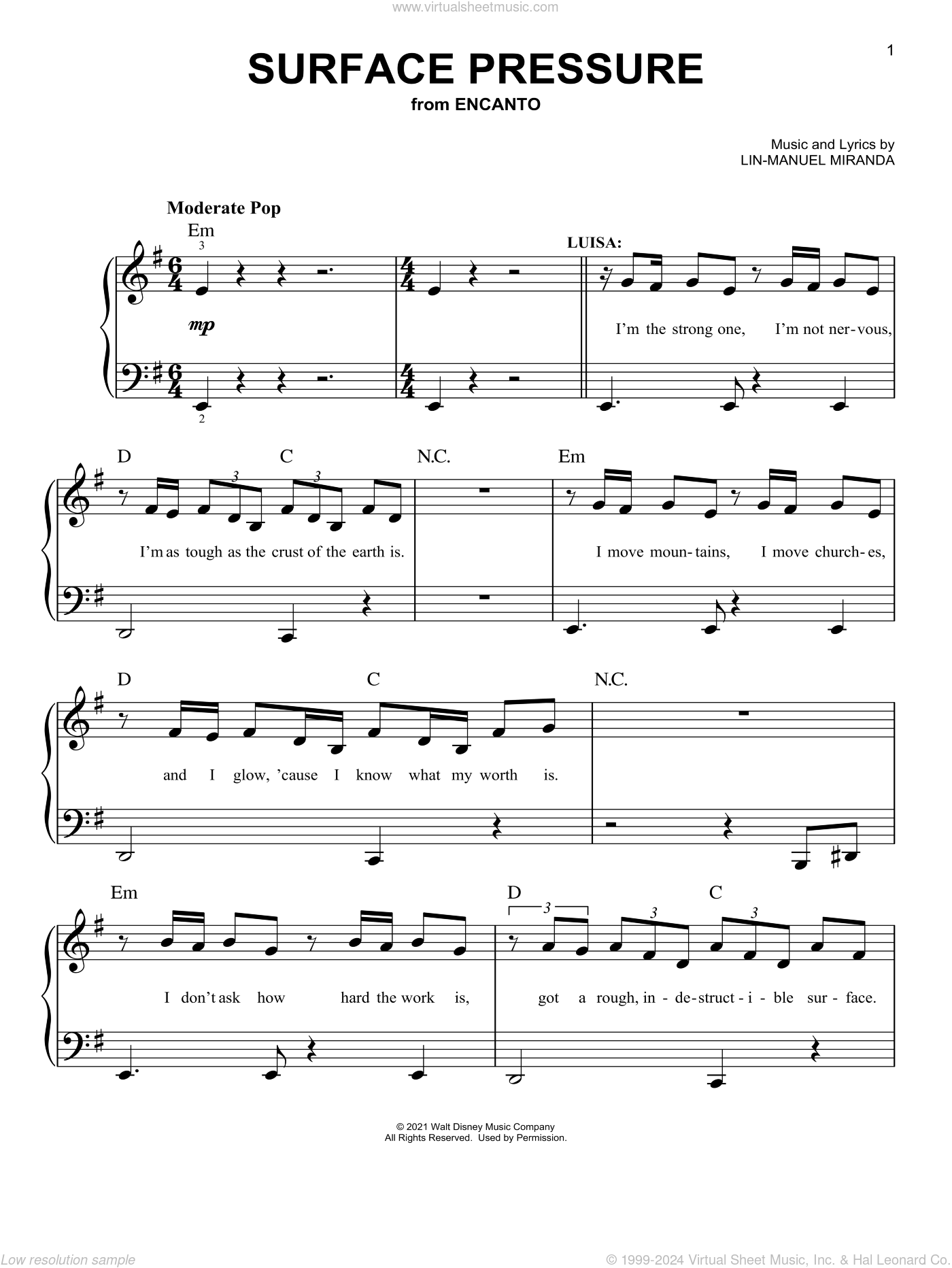 Surface Pressure (from Encanto), (easy) sheet music for piano solo