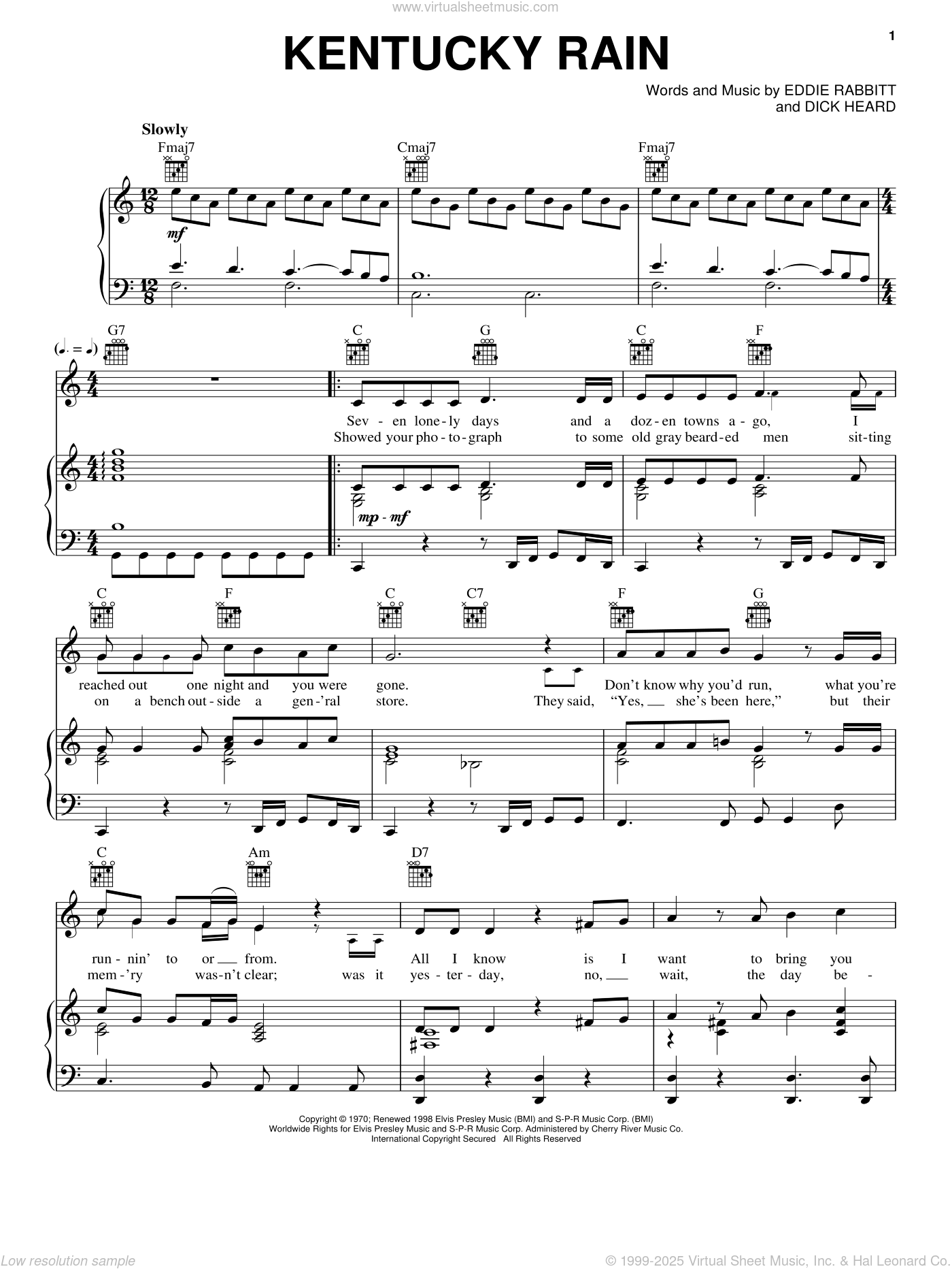 Kentucky Rain sheet music for voice, piano or guitar (PDF)