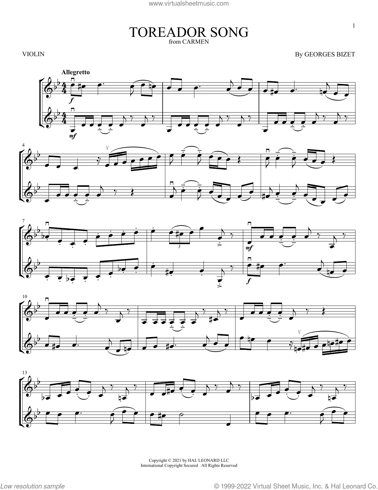 Toreador Song sheet music for two violins duets violin duets