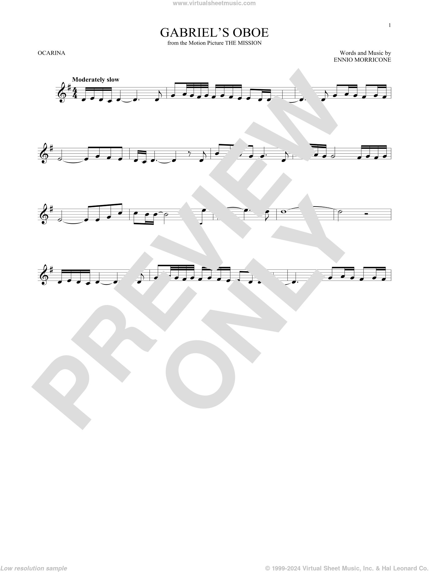 Gabriel's Oboe (from The Mission) sheet music for ocarina solo