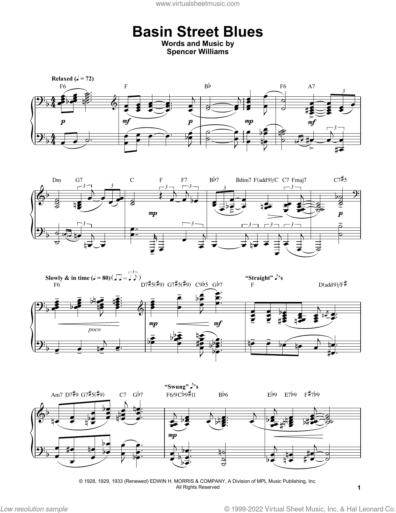 Basin Street Blues Sheet Music For Piano Solo (transcription)