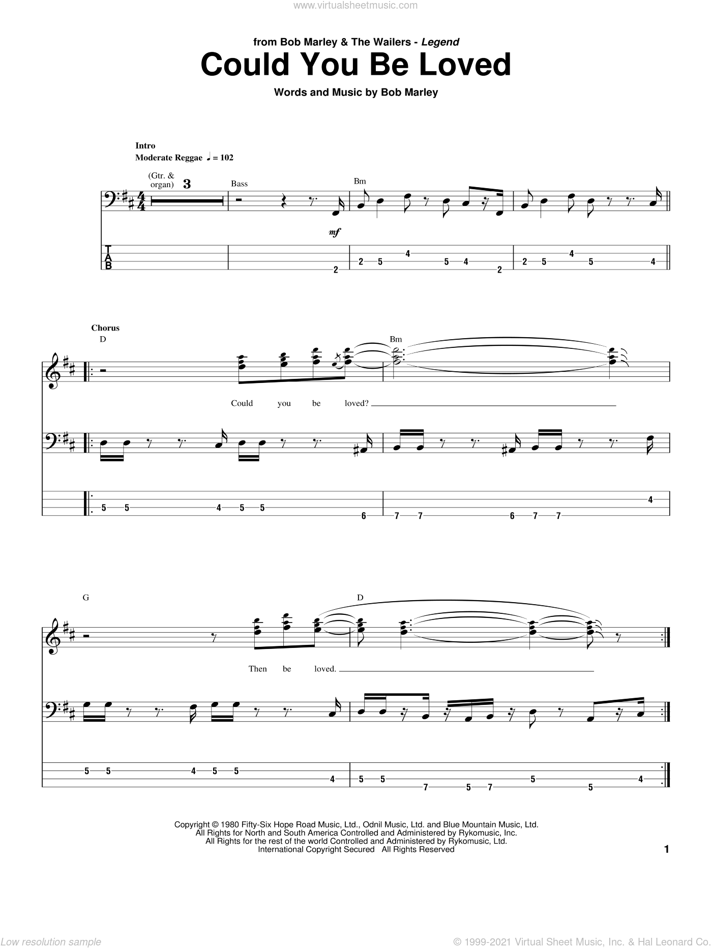 Bob Marley: Could You Be Loved sheet music for bass (tablature) (bass ...