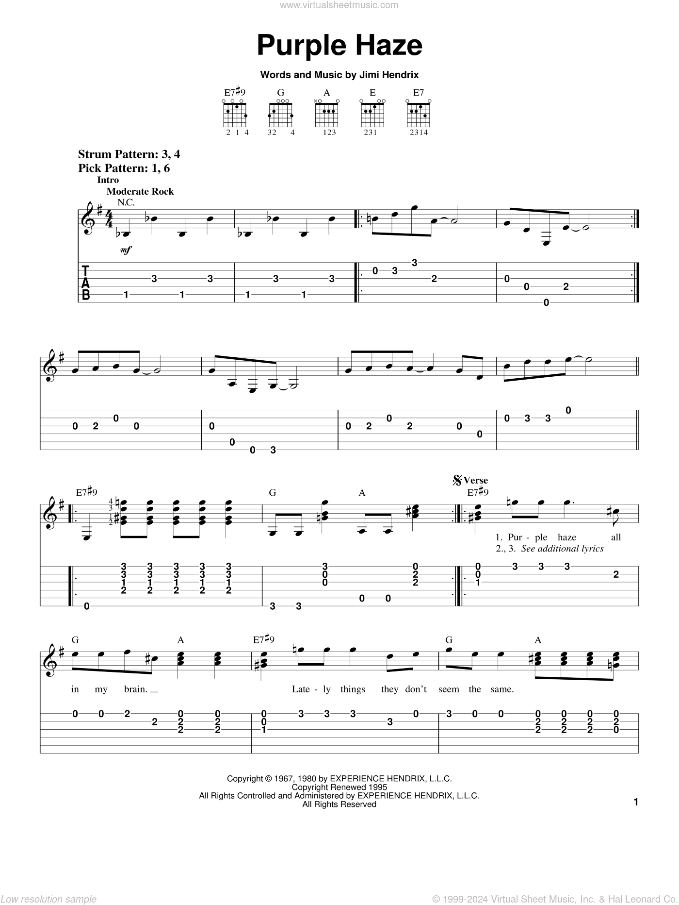 Purple Haze sheet music for guitar solo (easy tablature) v2