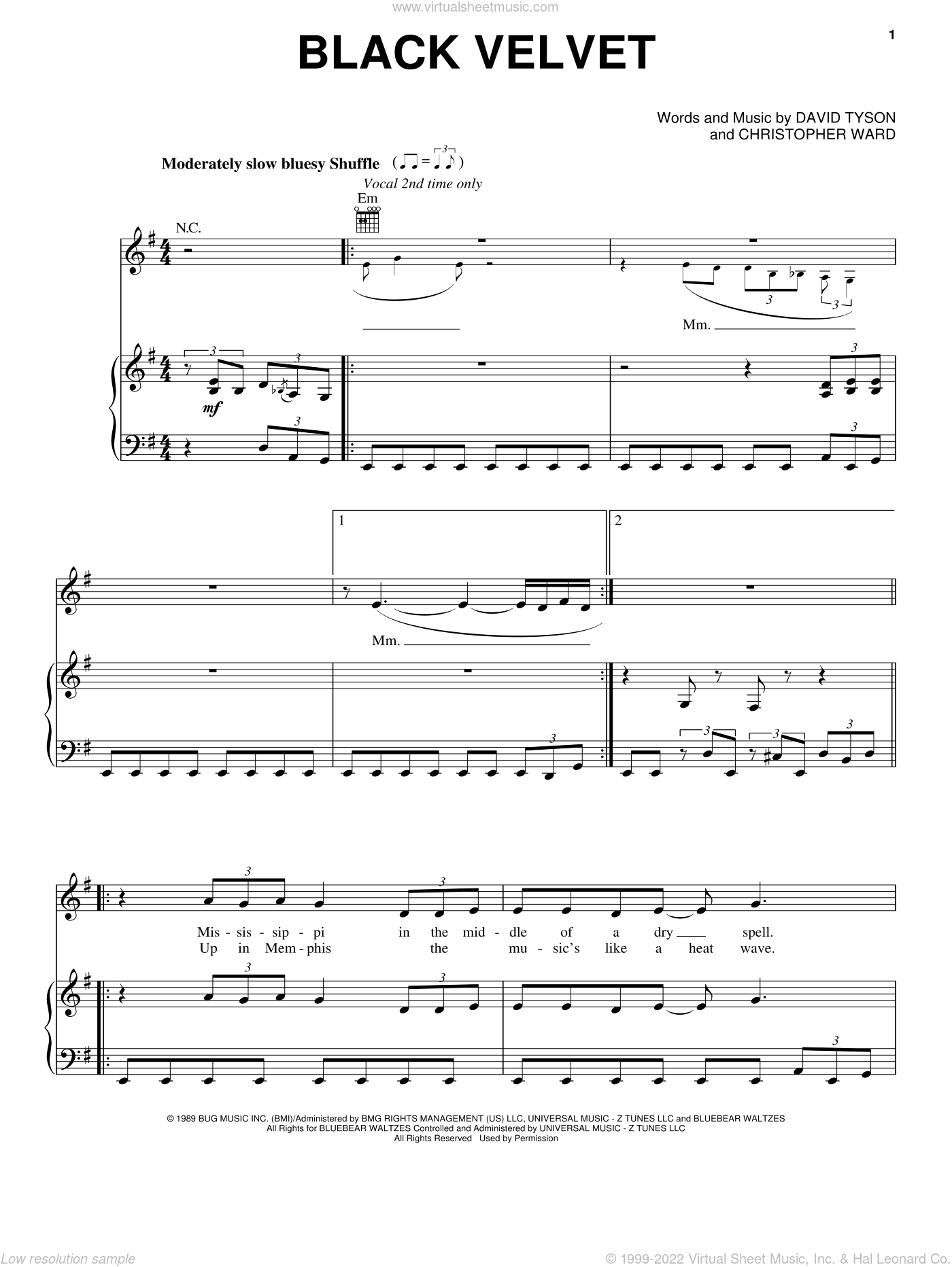 Black Velvet sheet music for voice, piano or guitar (PDF)