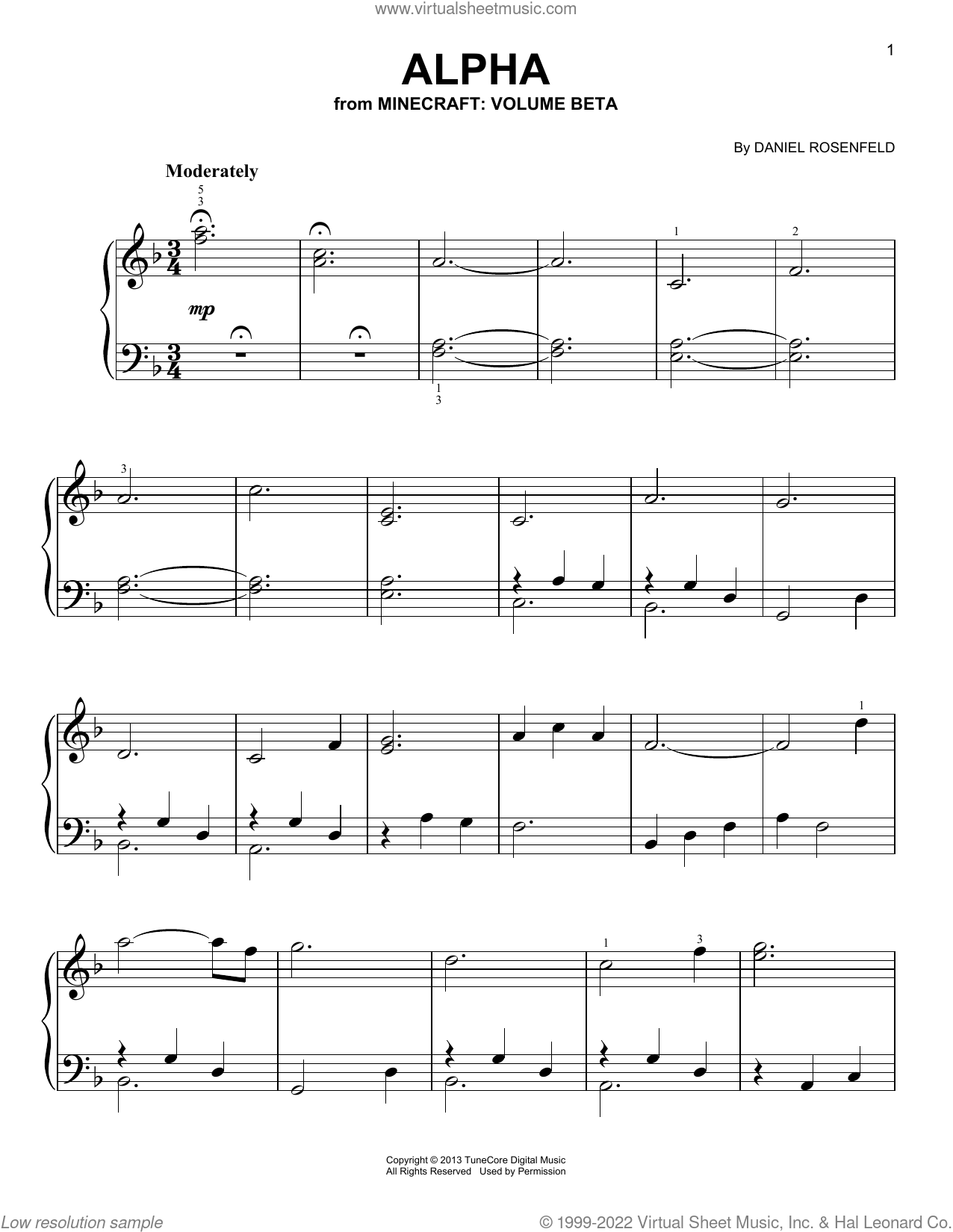 Alpha (from Minecraft), (easy) sheet music for piano solo (PDF)