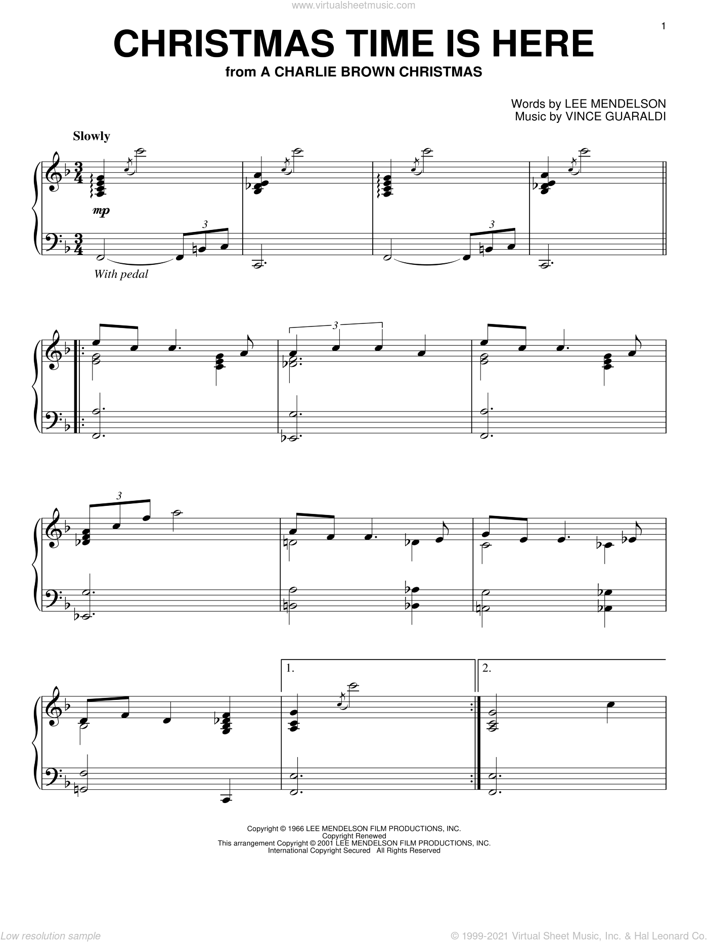 Guaraldi - Christmas Time Is Here, (intermediate) sheet music for piano solo