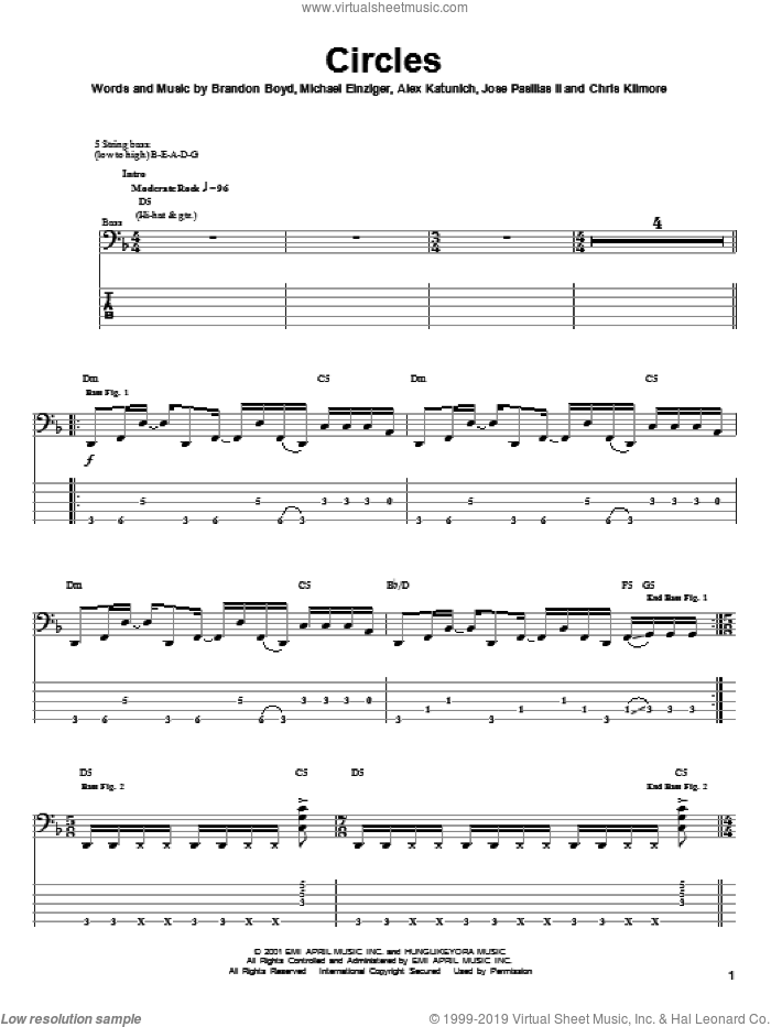 Circles sheet music for bass (tablature) (bass guitar) (PDF)