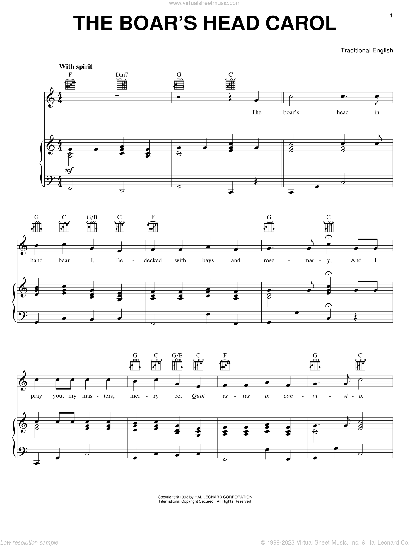 The Boars Head Carol Sheet Music For Voice Piano Or Guitar