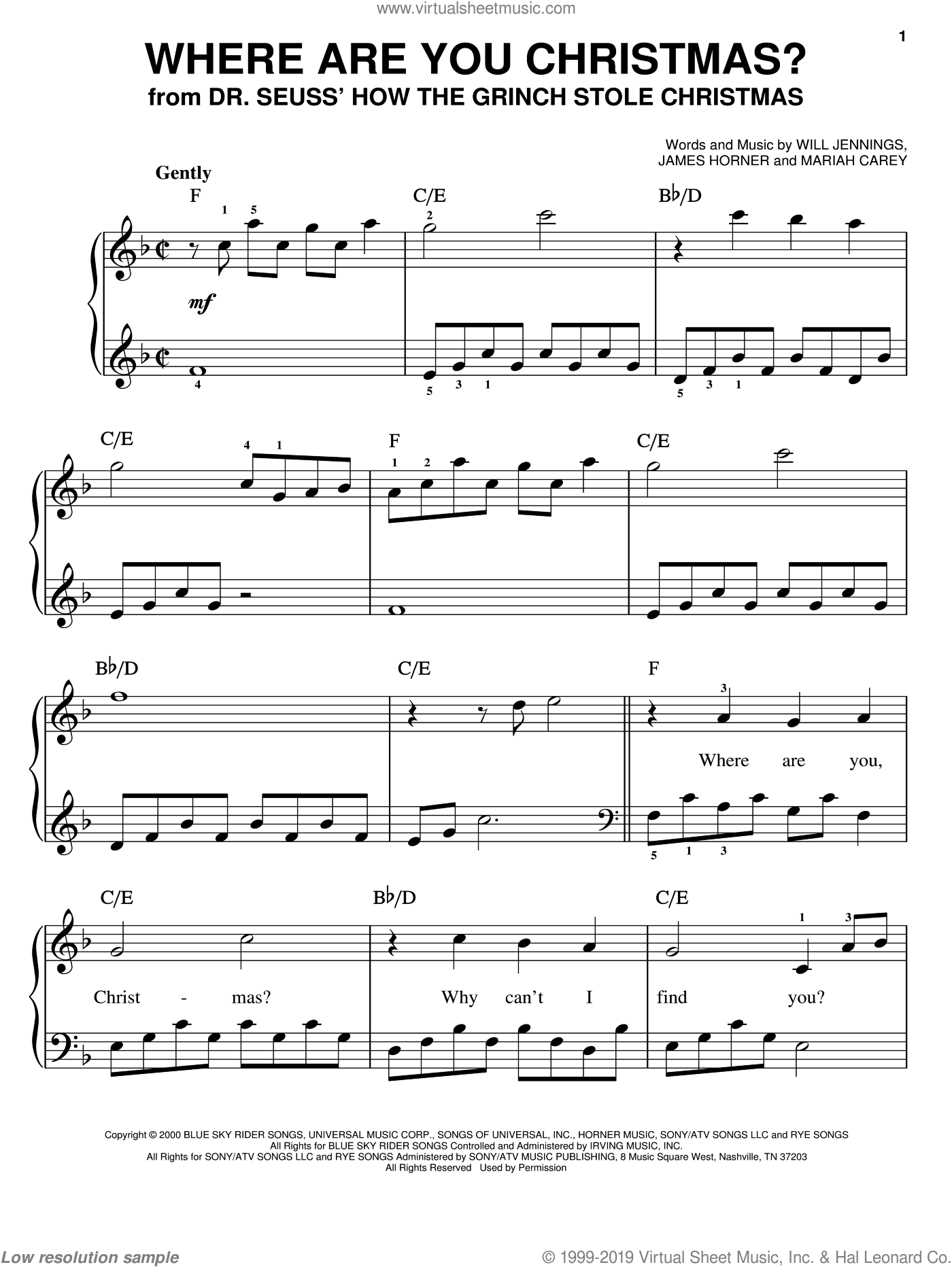 Hill - Where Are You Christmas? (from How The Grinch Stole Christmas) sheet music for piano solo