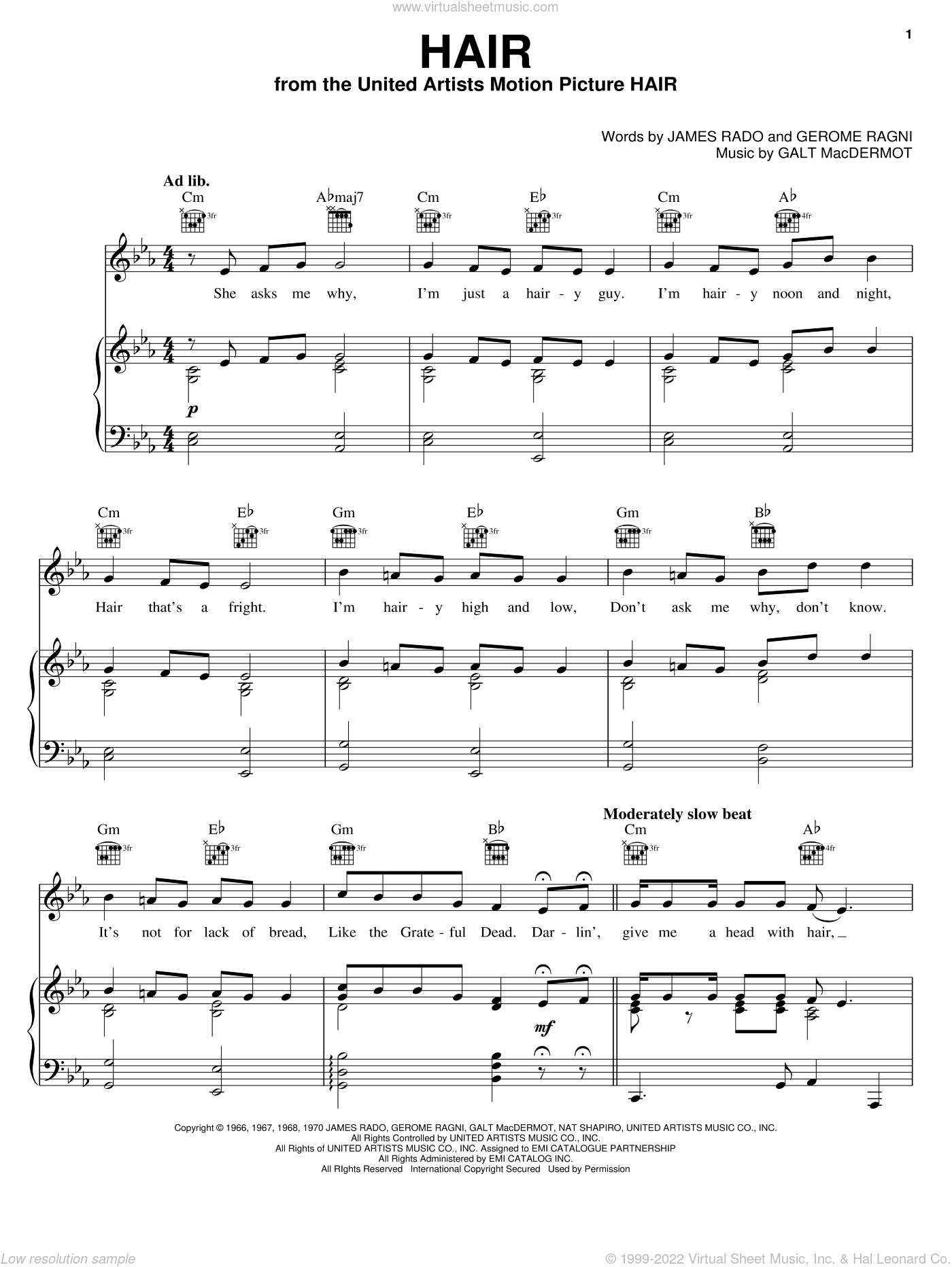 Hair from Hair sheet music for voice piano or guitar PDF