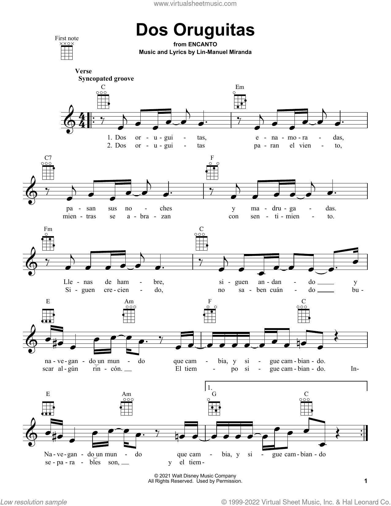 Dos Oruguitas Encanto) music for ukulele (PDF)
