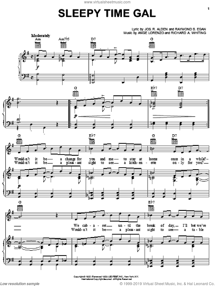 Sleepy Time Gal Sheet Music For Voice, Piano Or Guitar (pdf)