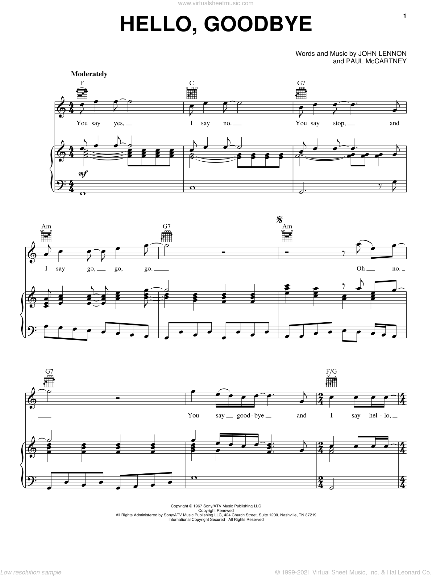 Beatles Hello Goodbye Sheet Music For Voice Piano Or Guitar