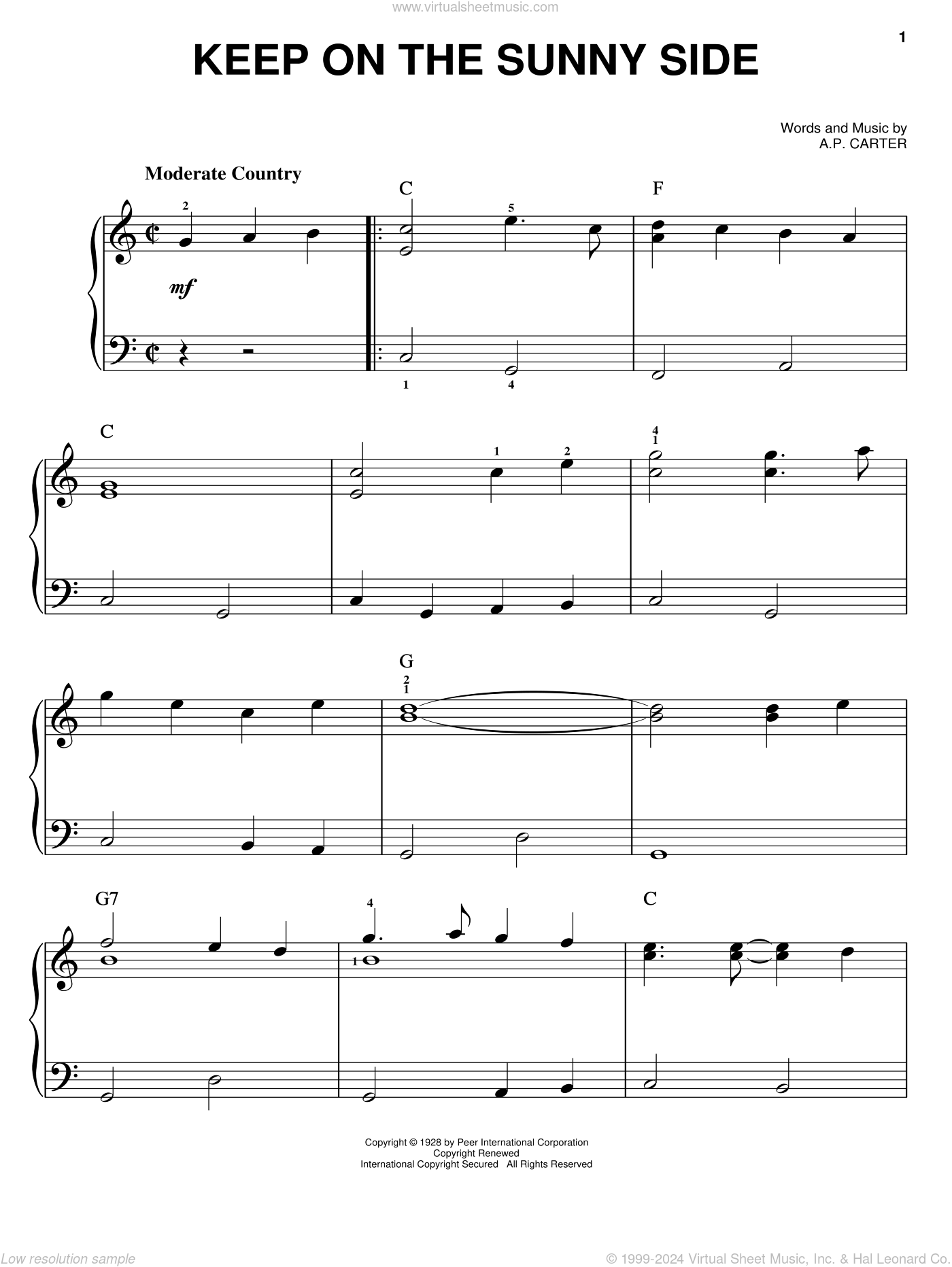 Keep On The Sunny Side, (easy) sheet music for piano solo (PDF)