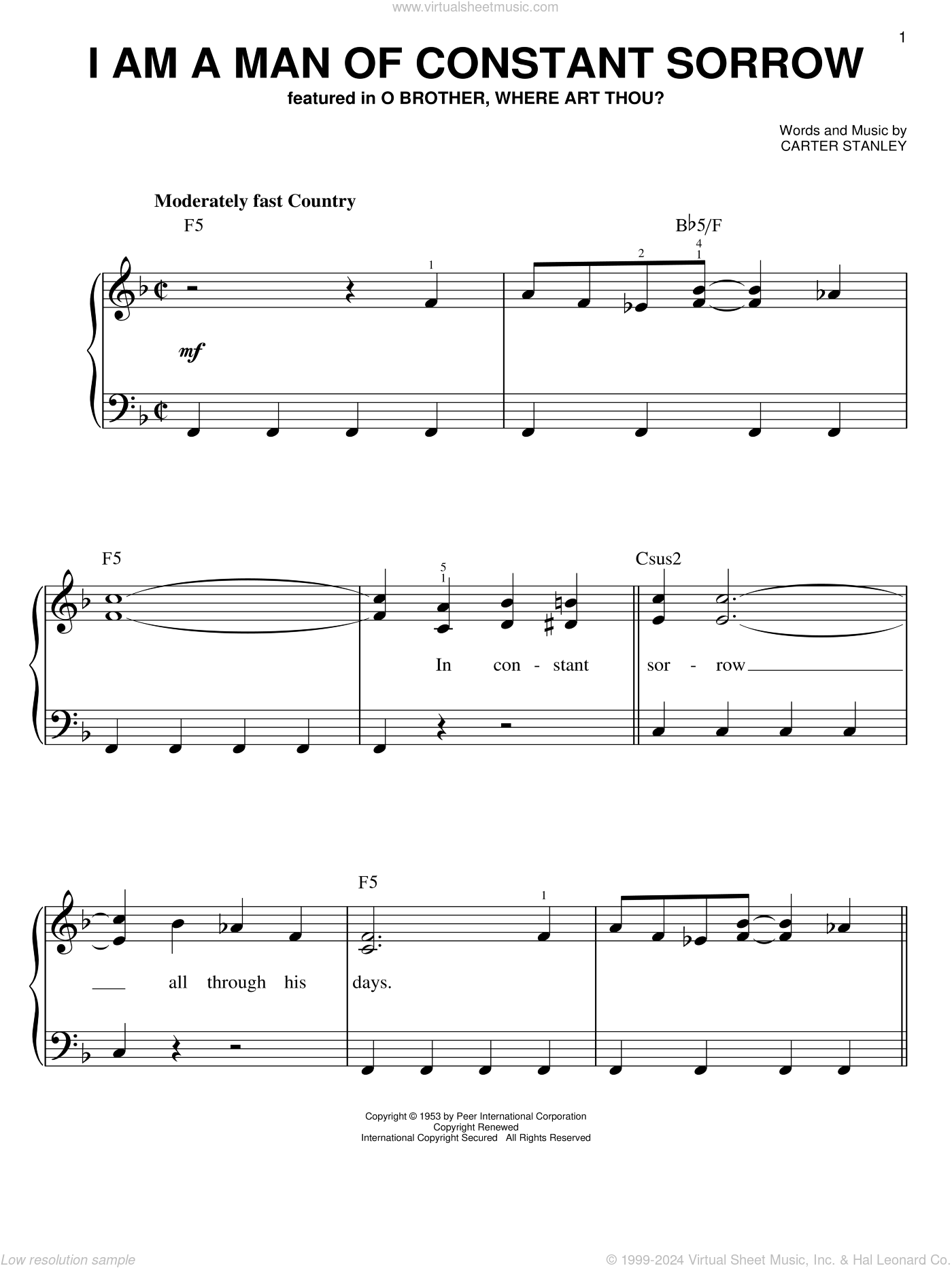 I Am A Man Of Constant Sorrow sheet music for piano solo (PDF)