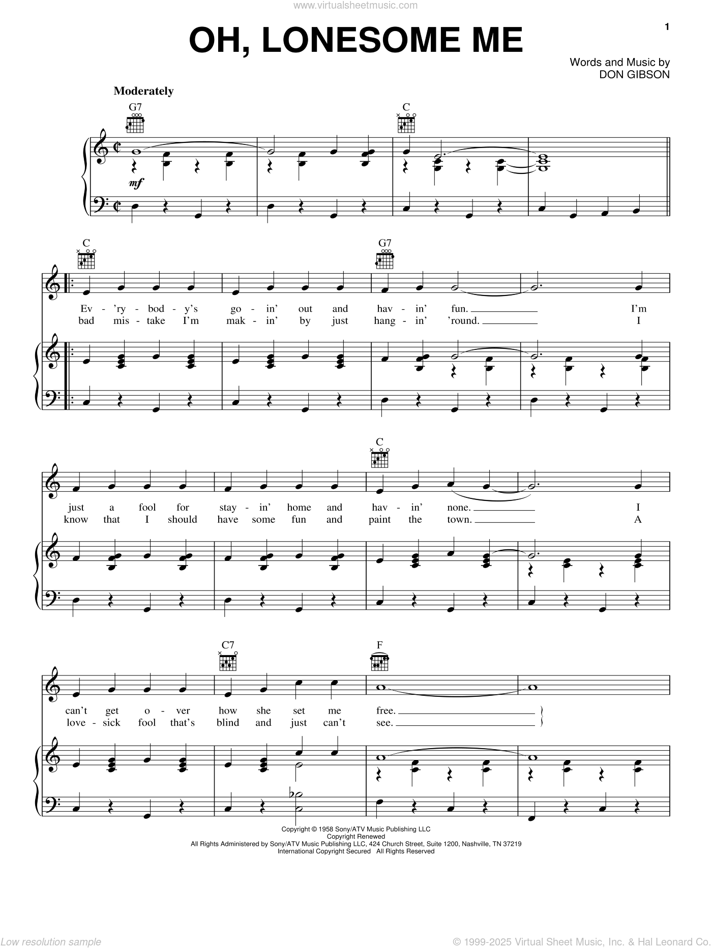 Oh, Lonesome Me sheet music for voice, piano or guitar (PDF)