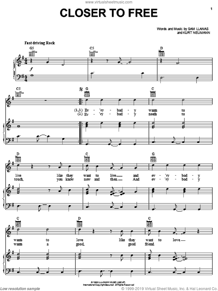 Closer To Free Sheet Music For Voice, Piano Or Guitar (pdf)