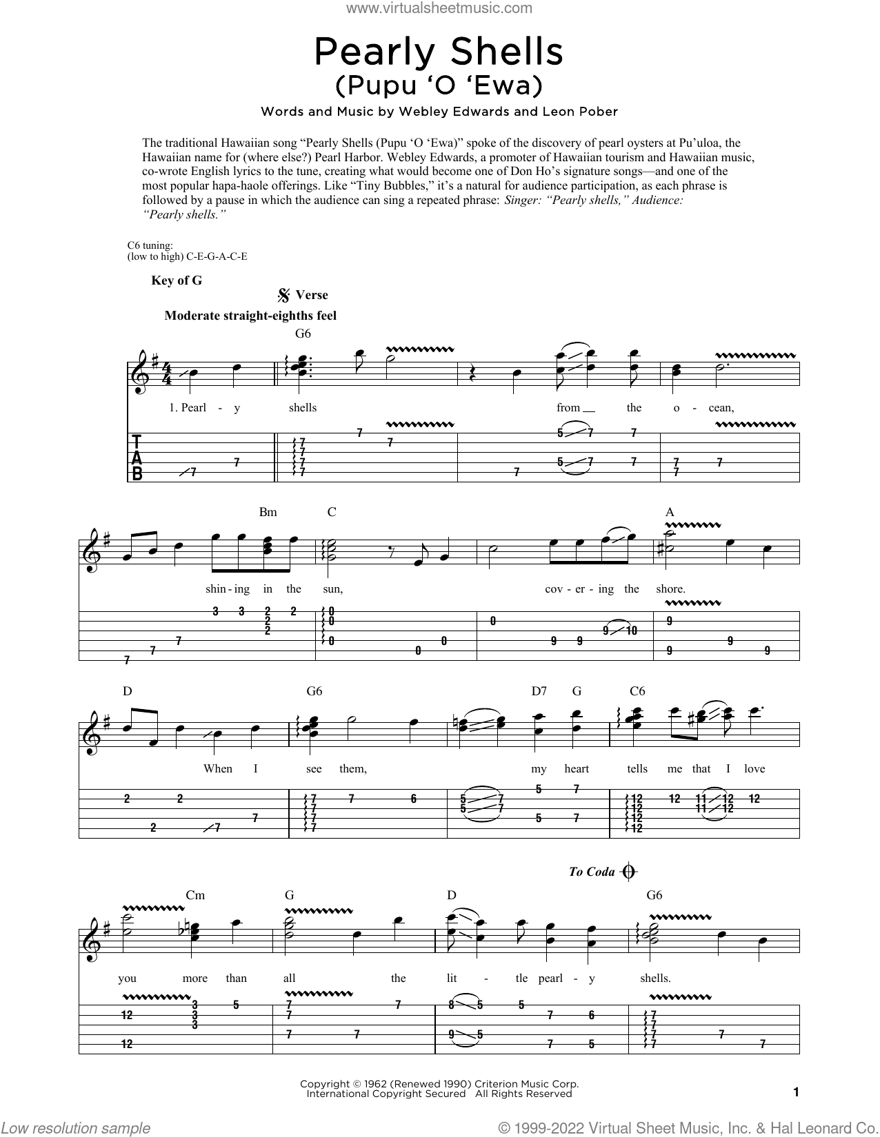 Pearly Shells (Pupu O Ewa) (arr. Fred Sokolow) sheet music for dobro solo