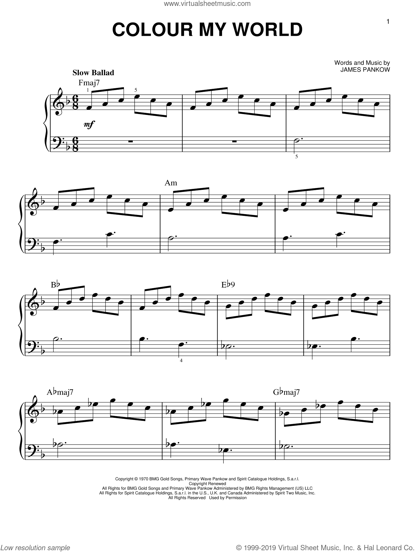 Chicago - Colour My World sheet music for piano solo (PDF)
