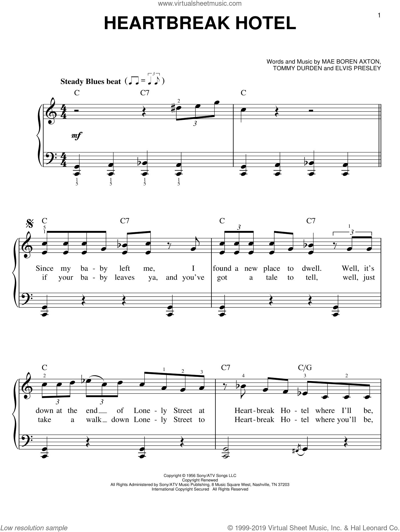 Presley Heartbreak Hotel Easy Sheet Music For Piano Solo