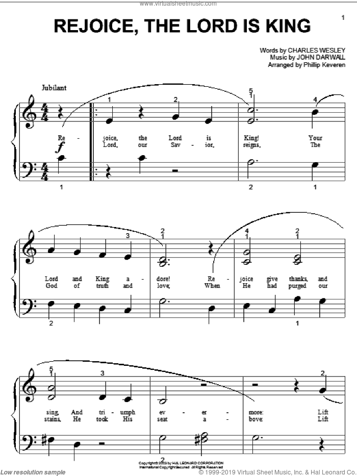 Rejoice, The Lord Is King sheet music for piano solo (big note book)