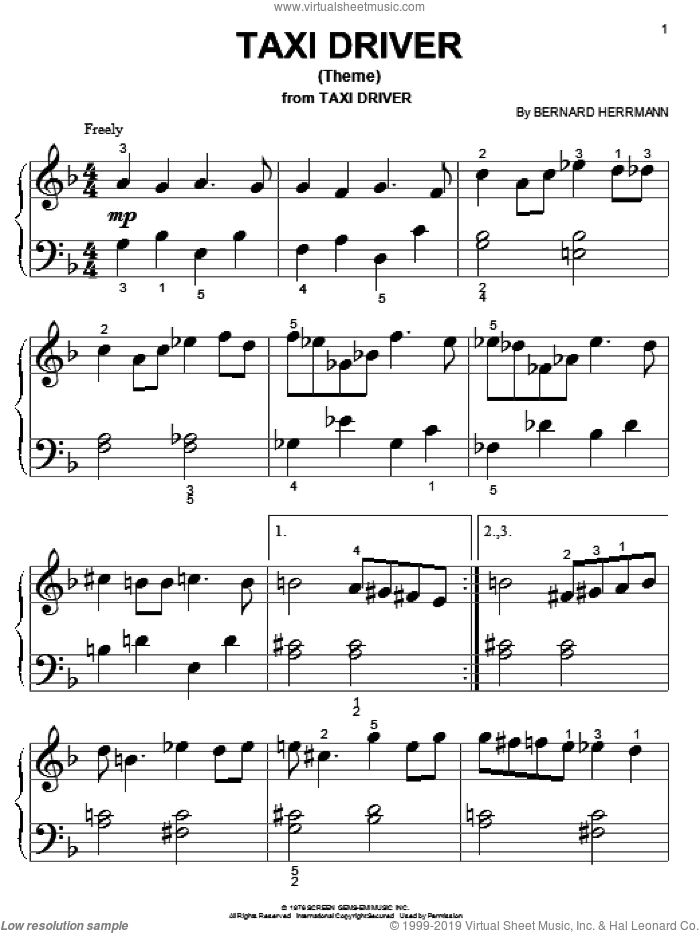 Taxi Driver (Theme) sheet music piano solo (big note book)