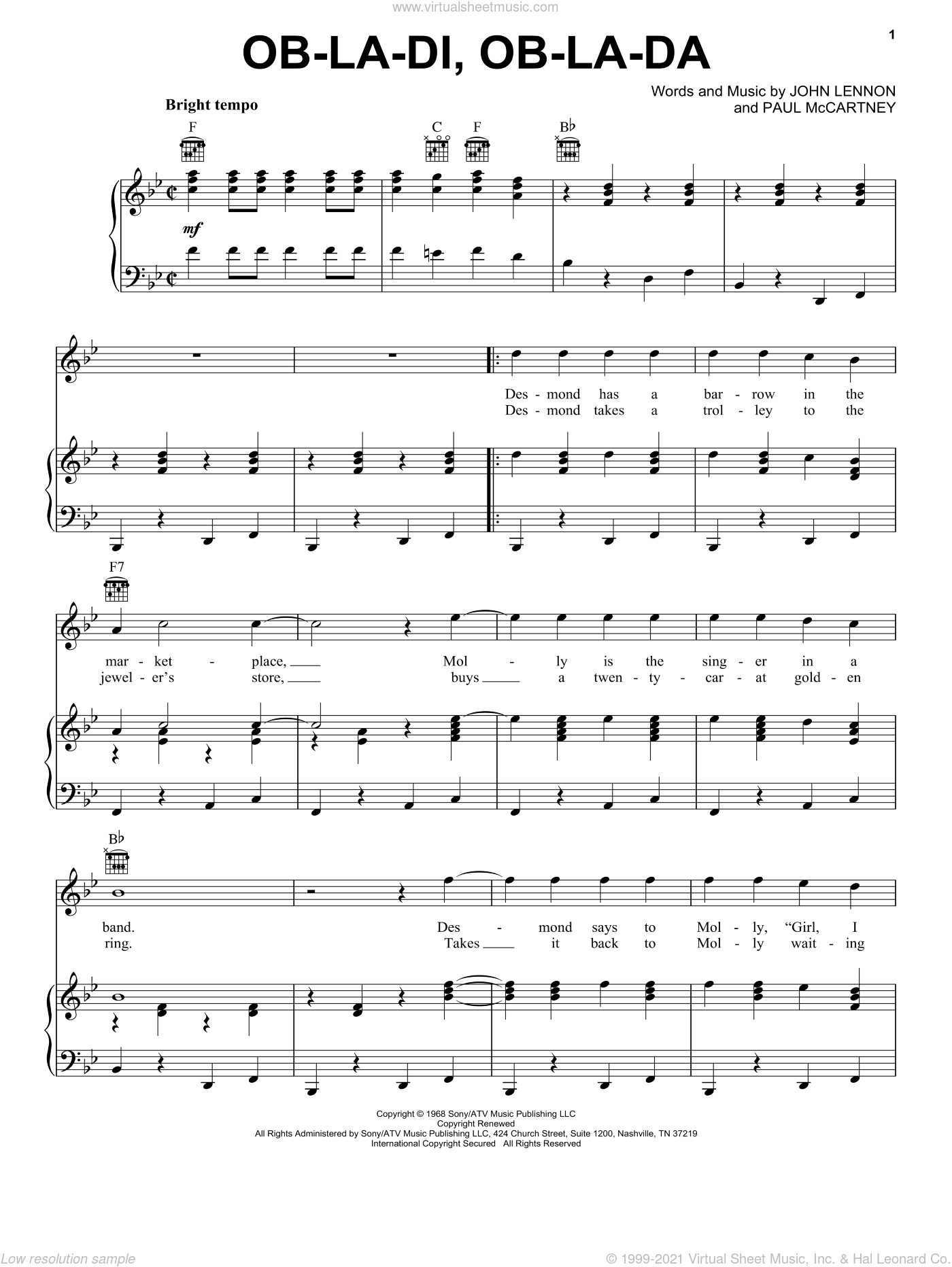 Beatles Ob La Di Ob La Da Sheet Music For Voice Piano Or Guitar