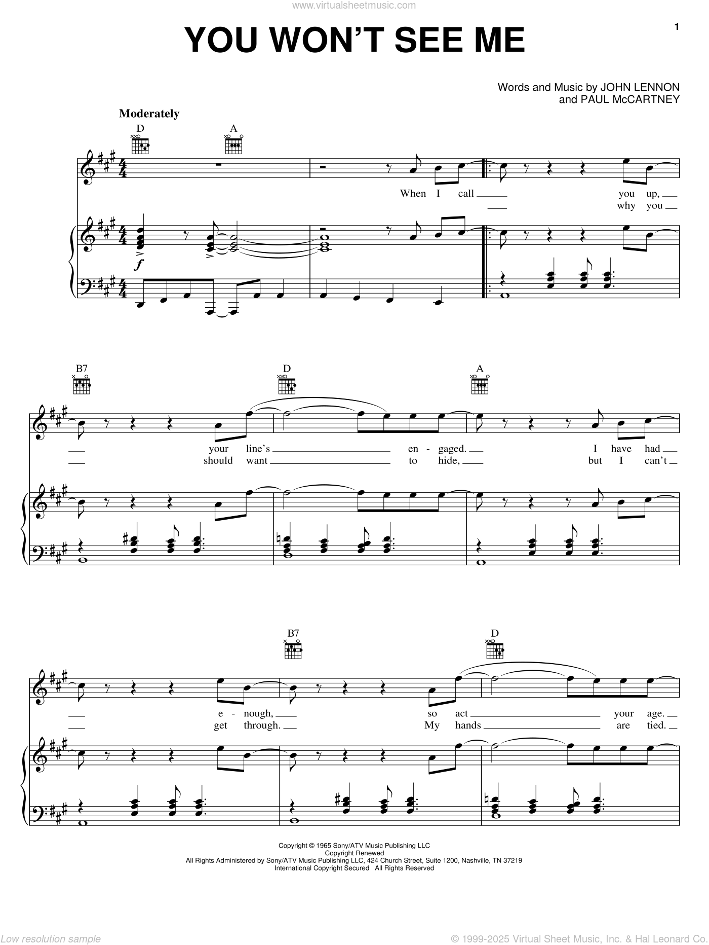 You Won't See Me sheet music for voice, piano or guitar (PDF)