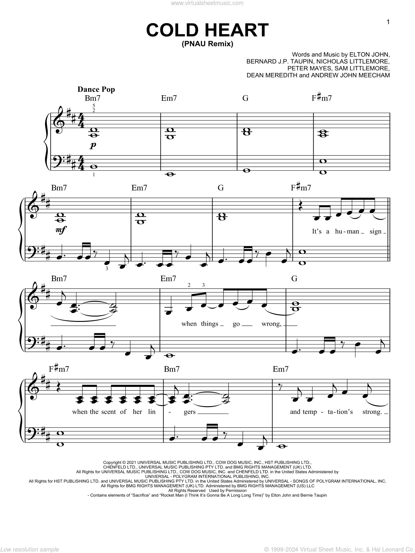 Cold Heart (PNAU Remix) sheet music for piano solo (PDF)