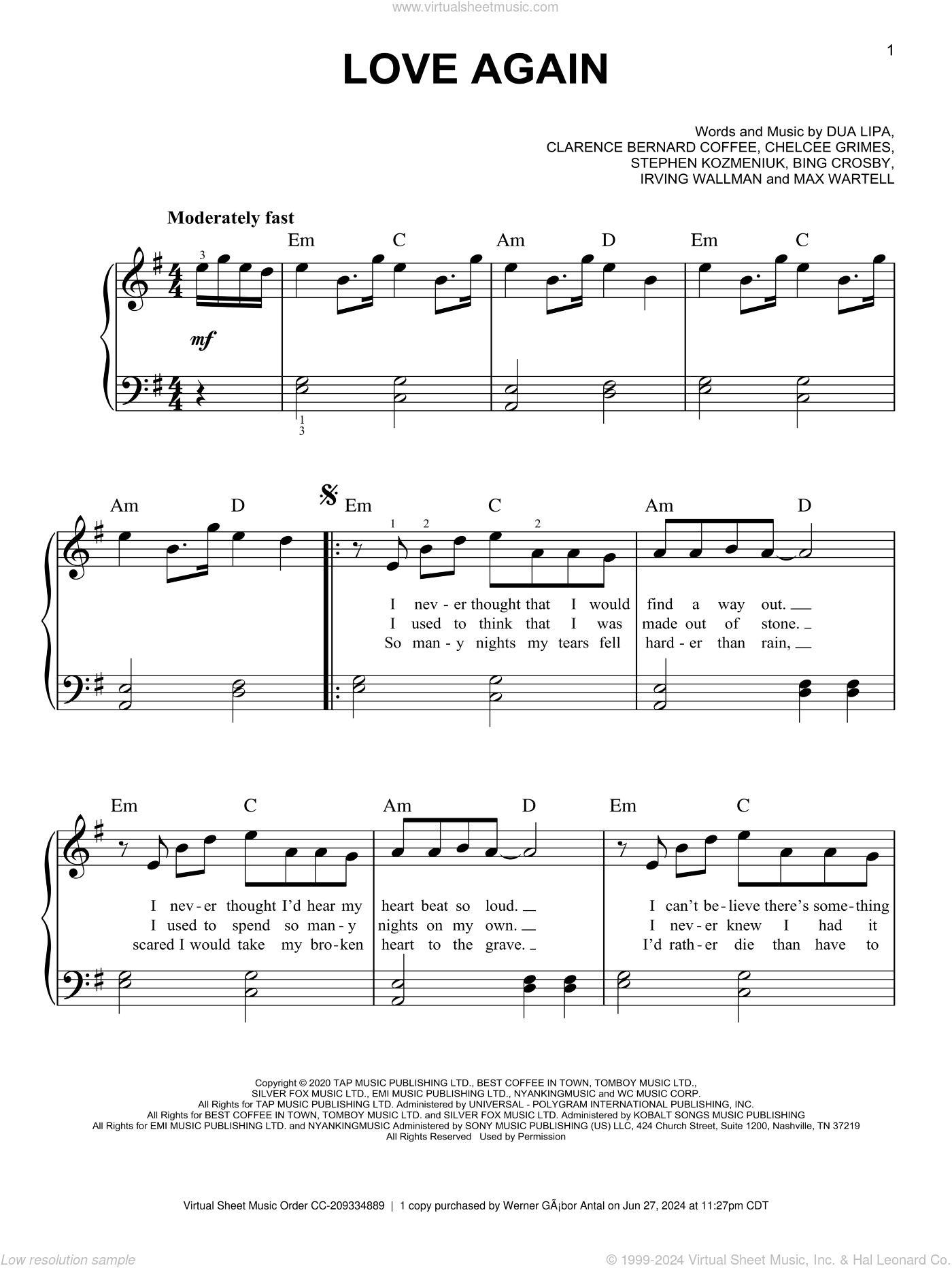 Love Again sheet music for piano solo (PDF-interactive)