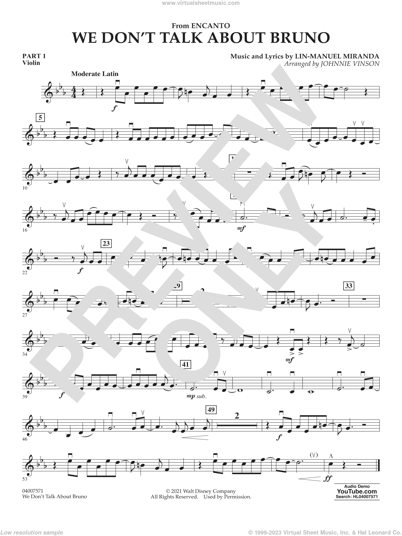 Miranda We Dont Talk About Bruno From Encanto Arr Vinson Sheet Music Pt1 Violin Part 9130