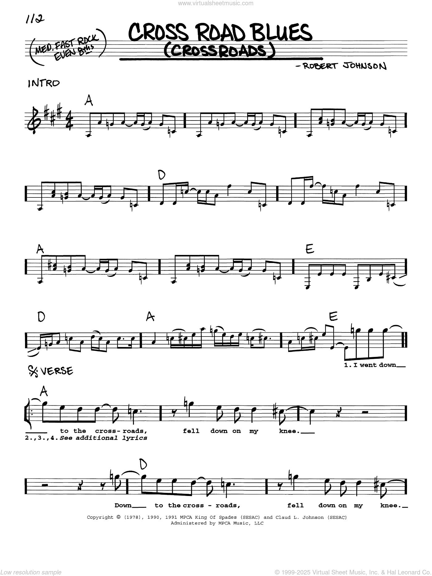 Robert Johnson Cross Road Blues Sheet Music in C Major (transposable) -  Download & Print - SKU: MN0083099