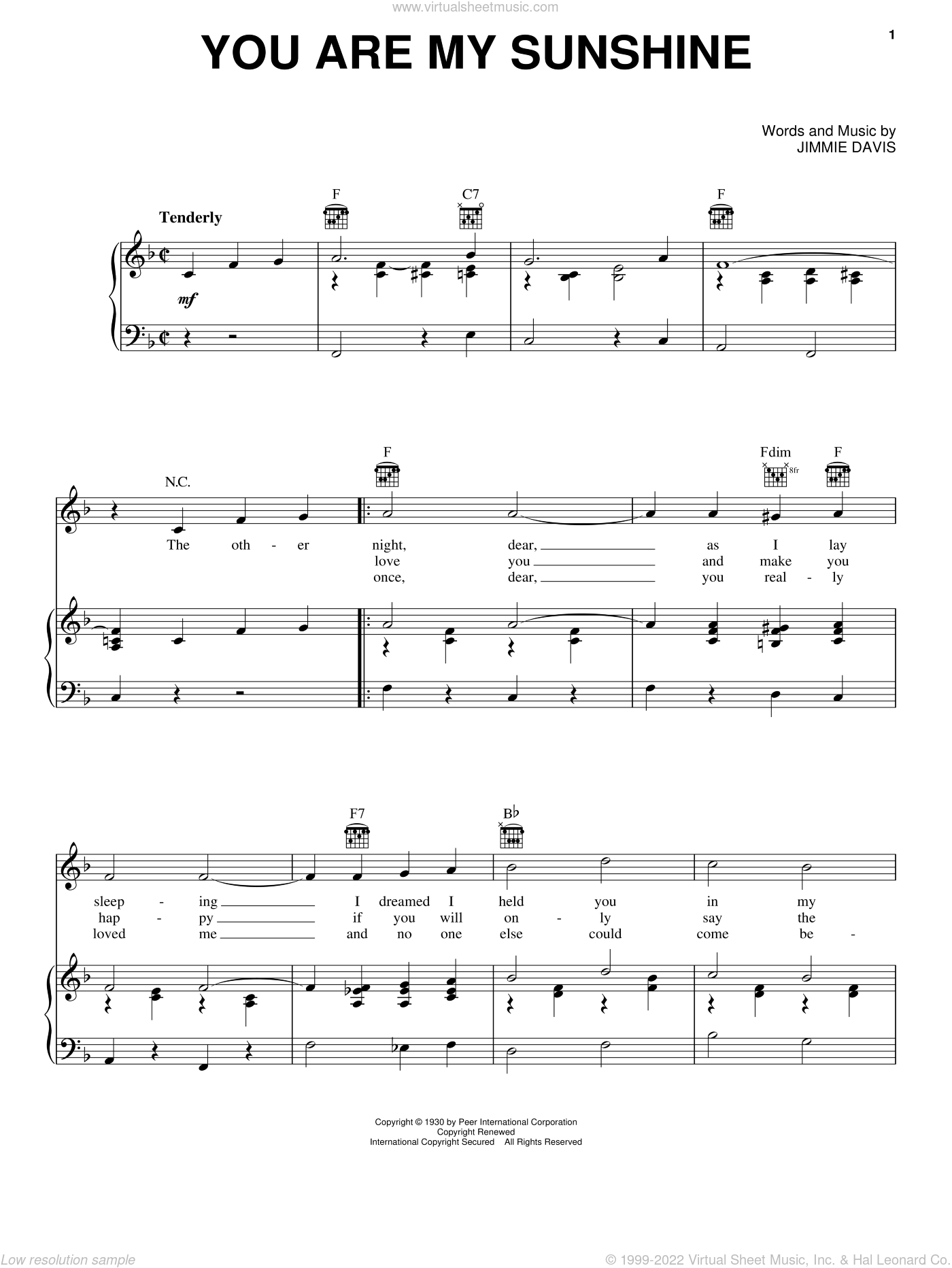 Davis You Are My Sunshine Sheet Music For Voice Piano Or Guitar