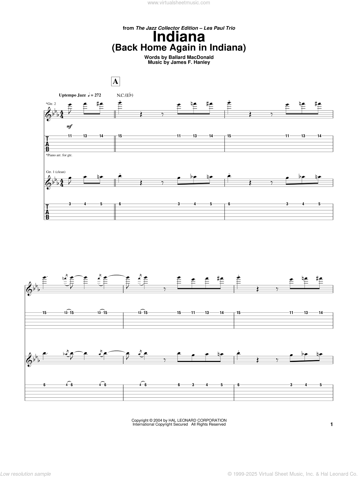 Indiana (Back Home Again In Indiana) sheet music for guitar (tablature)