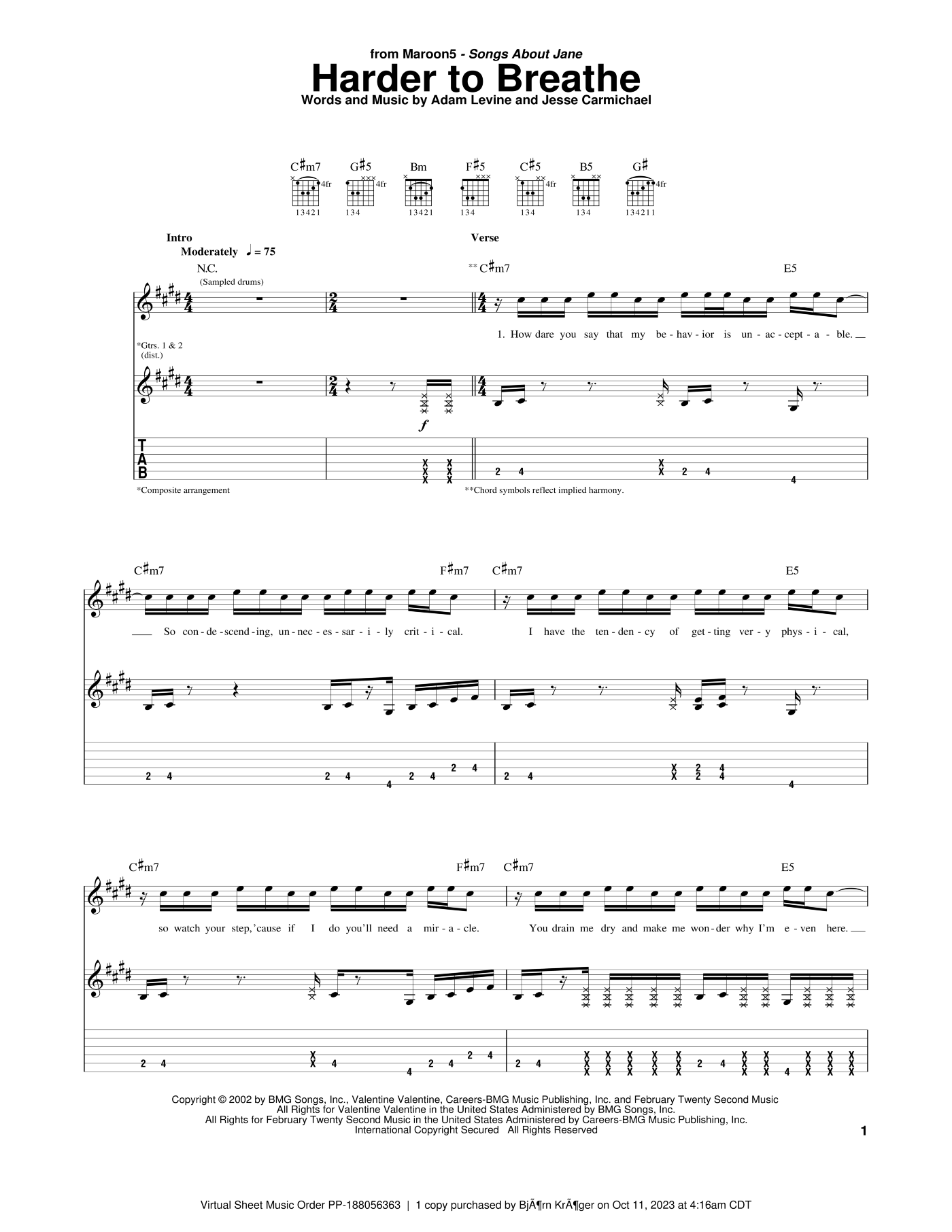Harder To Breathe sheet music for guitar (tablature) v2