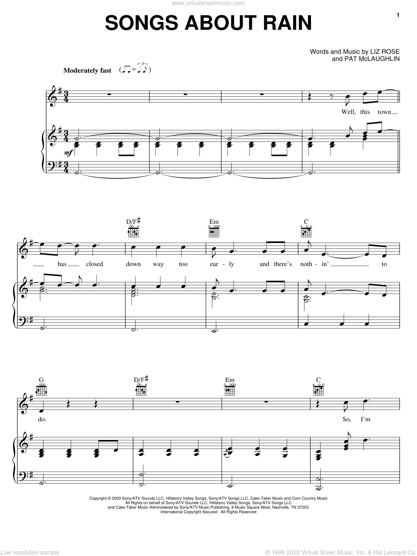 Allan - Songs About Rain sheet music for voice, piano or guitar