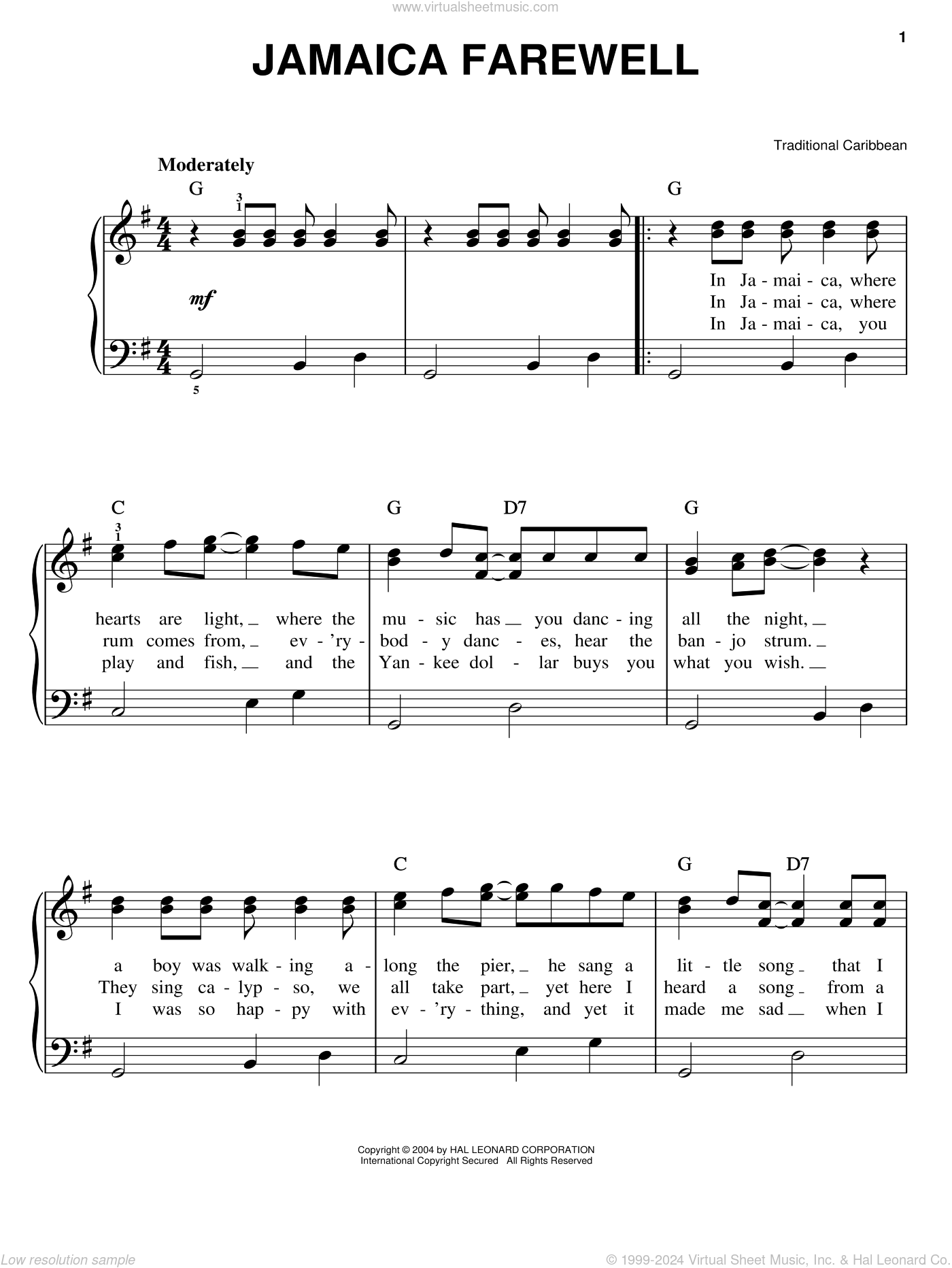 Jamaica Farewell sheet music for piano solo [PDF-interactive]