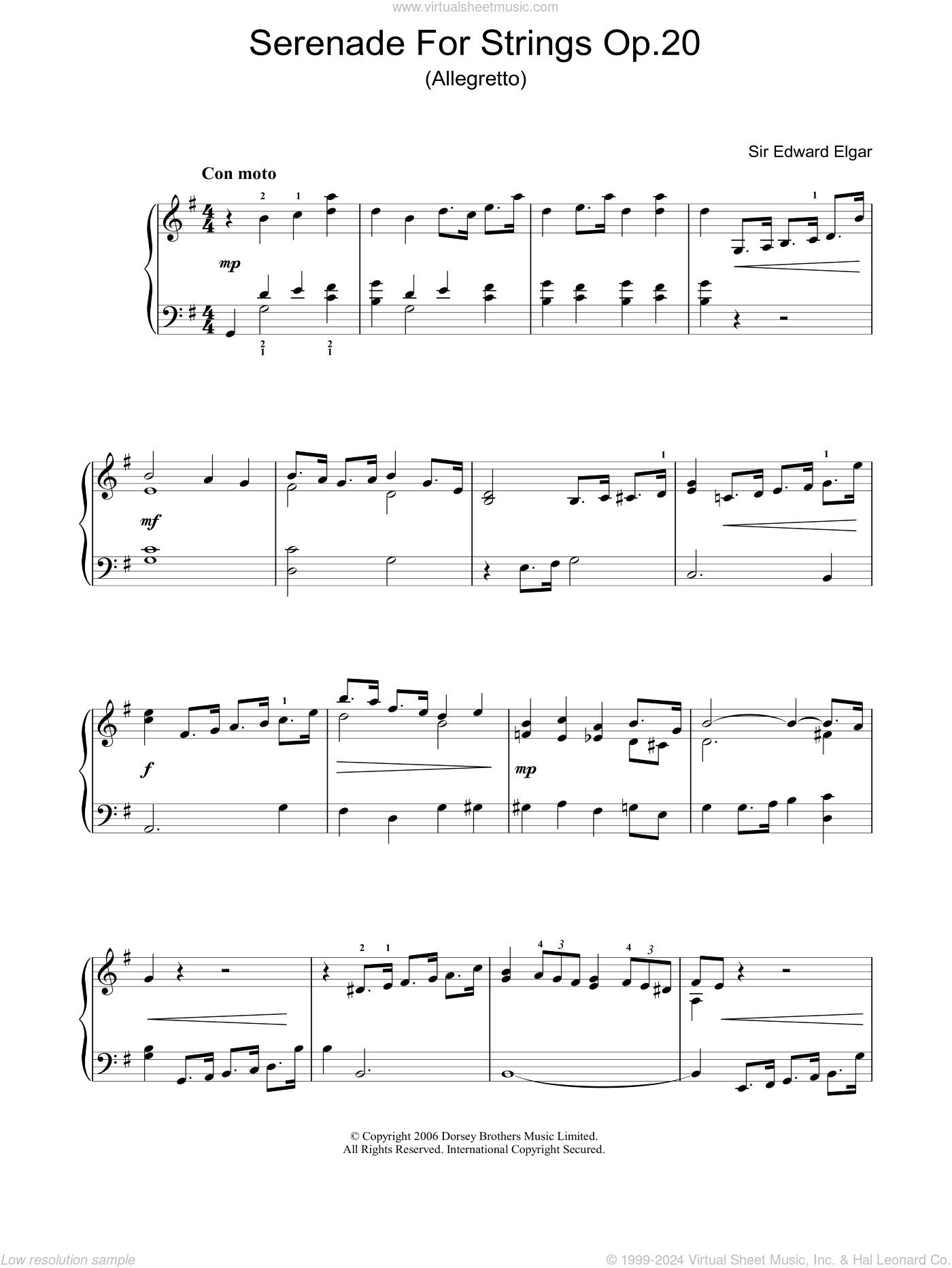 Elgar Serenade For Strings Op.20 (Allegretto) sheet music for piano