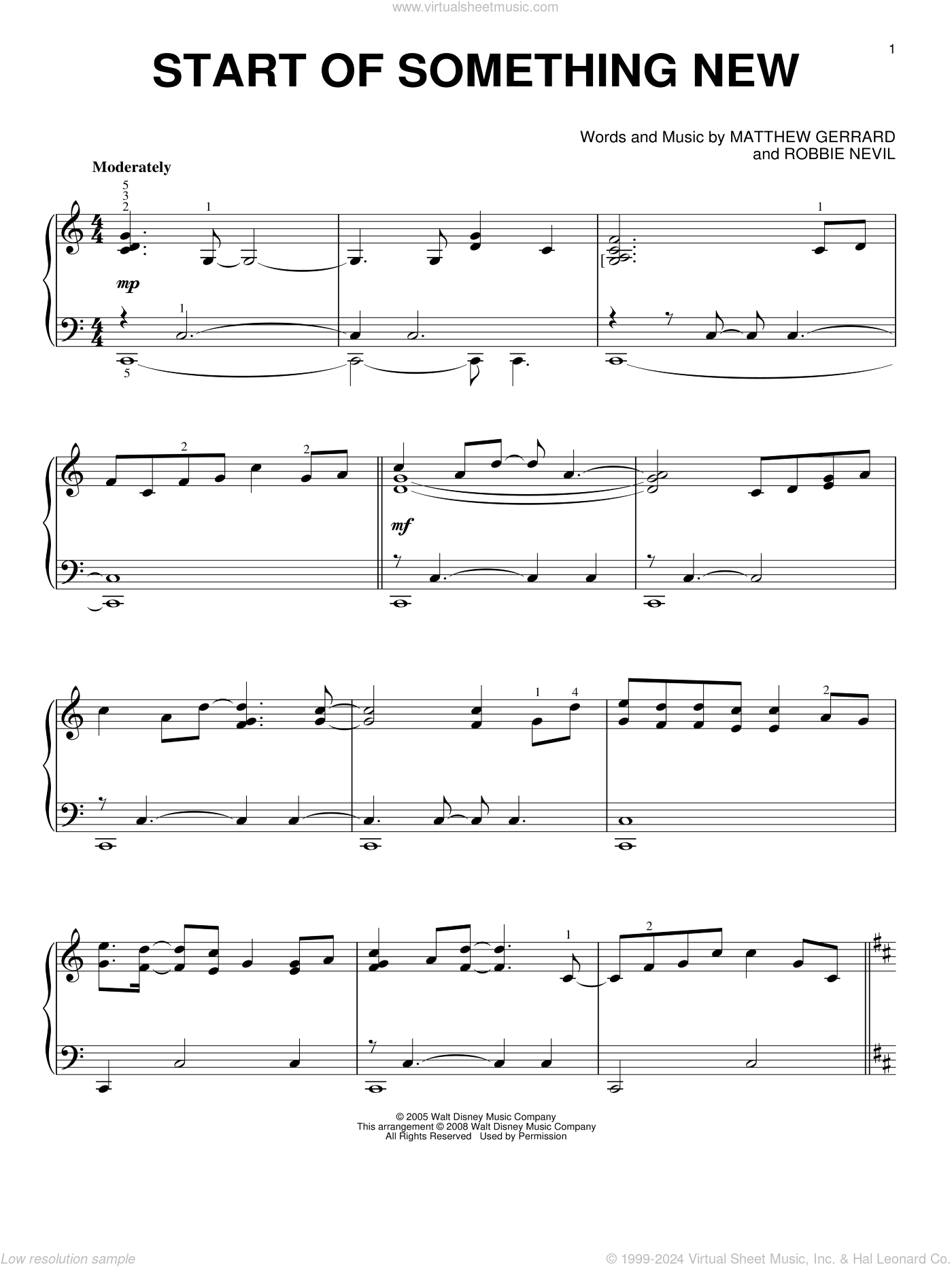 Musical - Start Of Something New, (intermediate) sheet music for piano solo